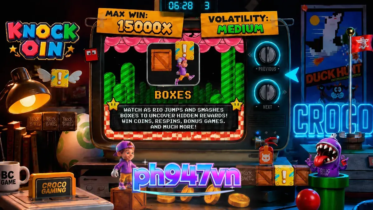 Tampilan visual retro 8-bit dari slot KNOCKOIN dengan karakter Rio